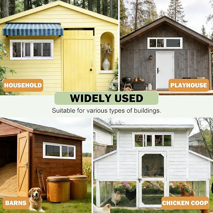 2 Pack Shed Windows, 10"x 18" White Sliding Window Suitable for Chicken Coop, shed, Household, Barn - Transom Window with Tempered Glass and Fiberglass Screen(WH,10''x 18'')