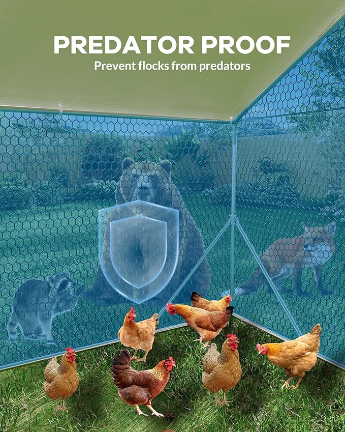 Large Metal Chicken Coop Upgrade Tri-Supporting Wire Mesh, 9.8' W x 13.1' L x 6.5 H Walk-in Poultry Cage, Chicken Run Pen House with Waterproof & Anti-Ultraviolet Cover & Lockable Doors for Outdoor