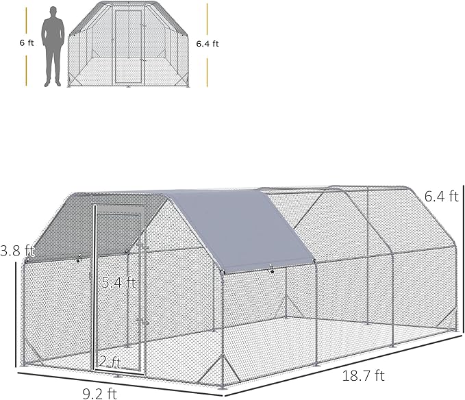 PawHut Large Chicken Coop Metal Chicken Run with Waterproof and Anti-UV Cover, Flat Shaped Walk in Fence Cage Hen House for Outdoor and Yard Farm Use, 1" Tube Diameter, 9.2' x 18.7' x 6.4'