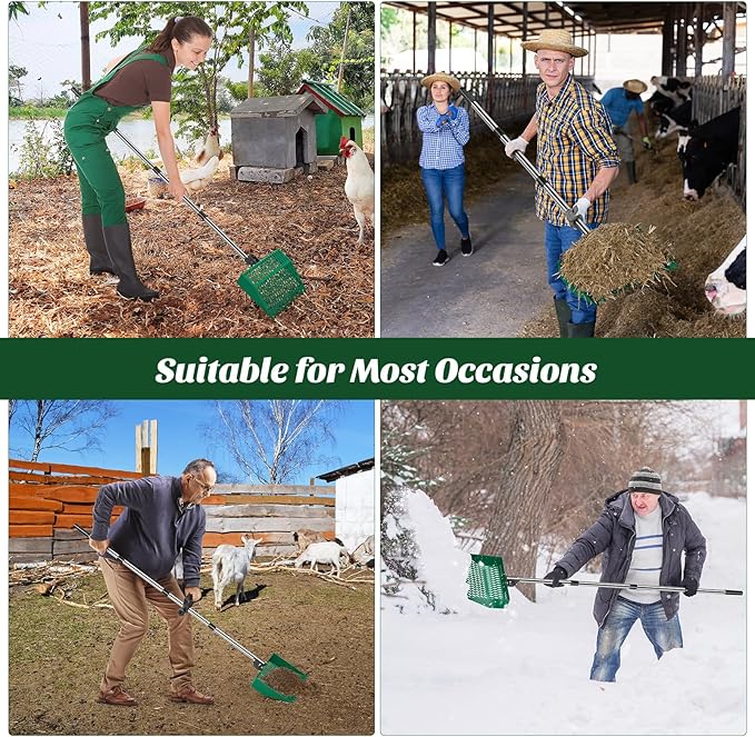 OYEAL Chicken Poop Scooper for Coop, 2-in-1 Metal Rake & Pooper Scooper Sand Sifting Shovel with Grip, Poop Scoop Shovel Litter Scooper for Small Farm Animals, Chicken Supplies, Green