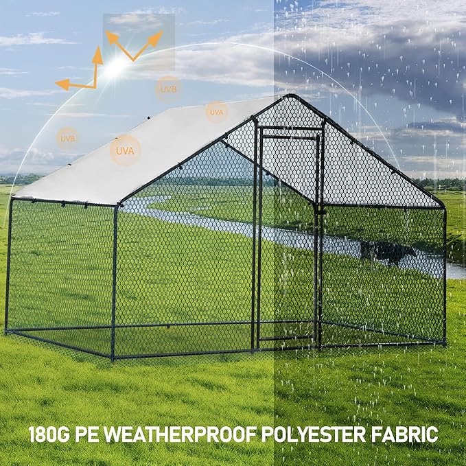 Outvita Chicken Coop, 6.5×10 FT Large Metal Chicken House, Poultry Habitat Cage with Waterproof Cover, Walk-in Chicken Run Pen for Small Animals Yard Farm Patio（Black Electrophoresis Process）