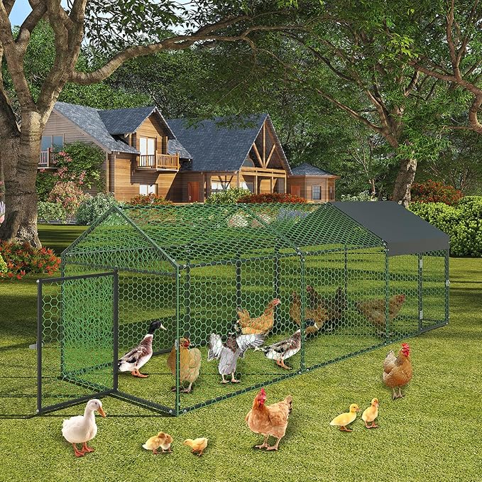 Large Metal Chicken Coop with Waterproof Cover – 120"/160" l x 40" w Chicken Runs for Yard with Cover, Compartments & Doors, Outdoor Chicken Run for Rabbit, Duck, Goose, Backyard Yard (Silver/Black)