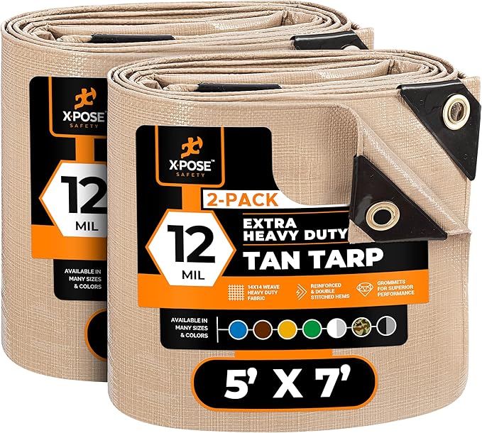 Heavy Duty Tan Poly Tarp 5' X 7' (2-Pack) - Multipurpose Protective Cover - Durable, Waterproof, Weather Proof, Rip and Tear Resistant - Extra Thick 12 Mil Polyethylene - by Xpose Safety