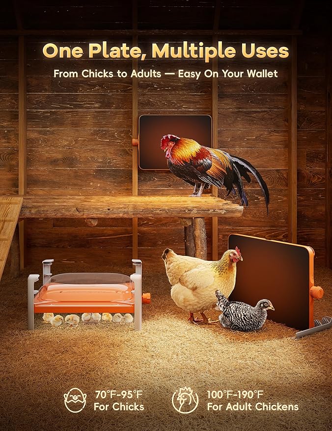 Smart Chicken Coop Heater, 200 Watts Chick Brooder Heating Plate Built-in Adaptive Temperature Sensor, Chicken Brooder Heater, Adaptable to Timer and Temp Controllers,UL-Compliant