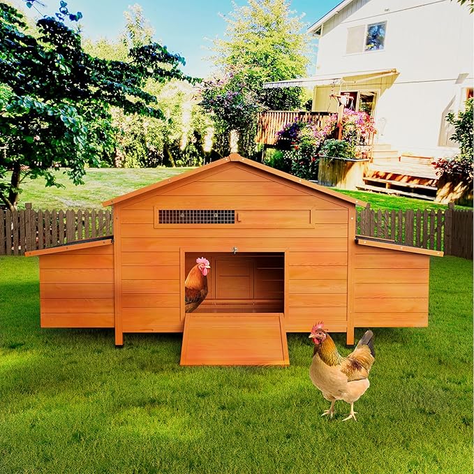 Wooden Chicken Coop for 2-4 Chickens with Nesting Box, 69.9" Large Chicken House Poultry Pet Hutch with Waterproof Roof, Outdoor Chicken Tractor with Secure Lock and Pull-Out Tray, Natural