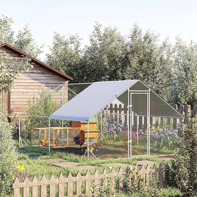 Large Metal Chicken Coop, Walk-in Poultry Cage Galvanized Hen Playpen House with with Water-Resident and Anti-UV Cover, Duck Rabbit House Outdoor, Backyard Farm, 9.8' L x 13.1' W x 6.5' H