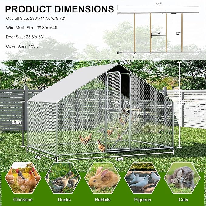 Amopatio Metal Large Chicken Coop 9.8x6x6 FT Walk in Chickens Run with Chicken Roosting Perch, Outdoor Chicken House with Security Lock and Split Door for Farm, Yard, Backyard