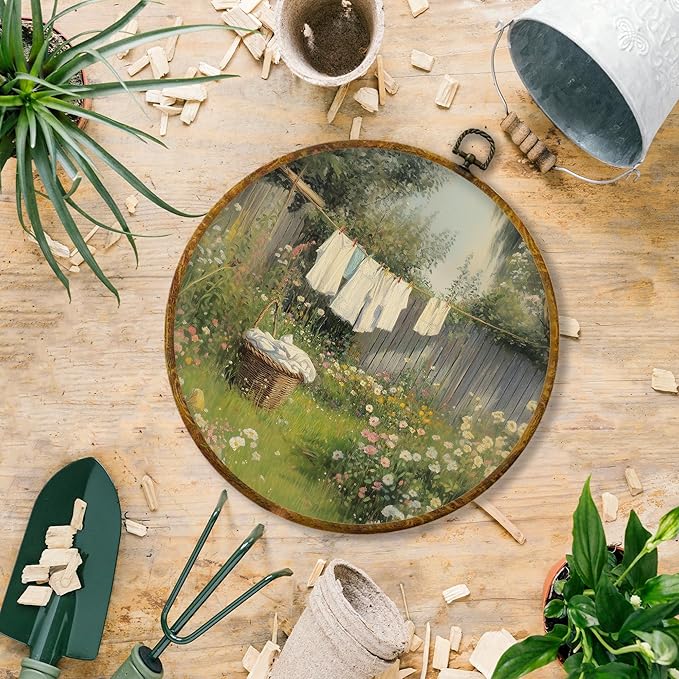 Hiuwevt French Country Cottagecore Laundry Day Farmhouse Round Wall Art Decor, xxx Framed Canvas Prints, xxx Round Wall Hanging Decor for Bedroom Home Decorations, 10x10 Inches