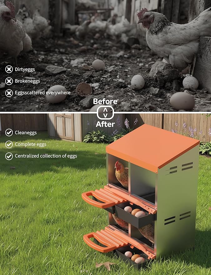 Chicken Nesting Box 4 Hole, Galvanized Steel Nest with Roll Away Egg Collection & Swing Perch, Easy-Clean Laying Box for Hens, Heavy Duty Design for Chicken Coop