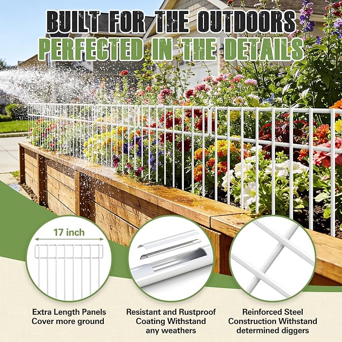 20Ft(L) X 13Inch(H) Animal Barrier Fence - 14 Pack White Garden Fence Animal Barrier Panels Metal No Dig Fence Panels Rustproof Border Fencing for Dog Rabbit Protection Yard Garden Outdoor