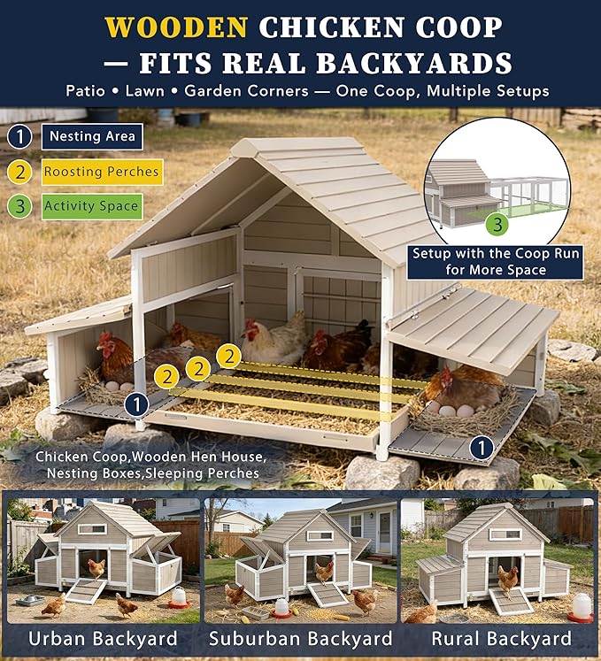 61" Large Outdoor Wooden Chicken Coop for 2– 6 Chickens Compact Backyard Weatherproof Hen House with Raised Floor, 6 Nesting Boxes, 3 Perches & Easy-Clean Slide-Out Tray