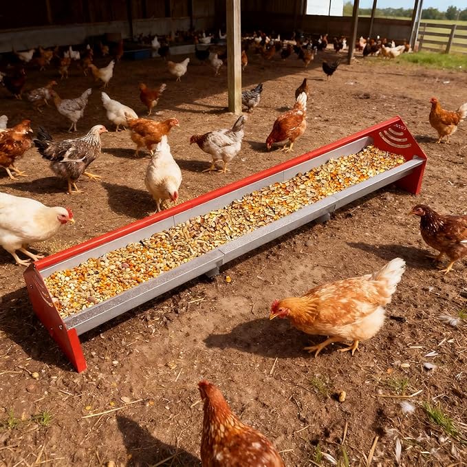 47" Chicken Trough Feeder - Galvanized Steel Feed Trough with Drainage Holes & Red Crossbar for Chicken, Duck, Turkey | Heavy Duty, Rust-Proof & Easy-Clean Design