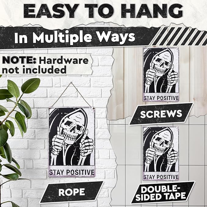 Halloween Skull Decor for Home – Stay Positive Tin Signs Vintage Style 8×12 Inch – Easy to Hang Halloween Wall Decor, Funny Metal Signs for Bedroom, Living Room, Garage, Office – Indoor/Outdoor Use