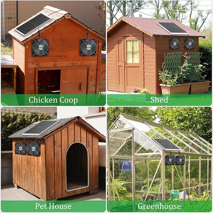 5.5" Solar 2 Fan Kit for Intake or Exhaust air, Weatherproofed Solar Powered Fans for Outside Chicken Coops, Greenhouses, Shed, Pet House Air Ventilation
