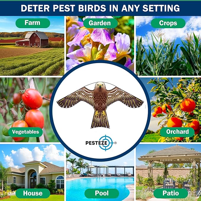 PESTEZE USA Hawk 47x27 Inch Kite with 13 Ft Flagpole. Provides Humane Bird Deterrence in Yards & Farms. Protects Vegetables, Fruits & Crops from Pest Birds & Critters