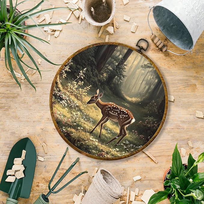 Hiuwevt Vintage Forest Deer Round Wall Art Decor, Cottagecore Deer Framed Canvas Prints, Rustic Forest Wild Animal Round Wall Hanging Decor for Home Bedroom Nursery Kids Room Decorations, 10x10 Inches
