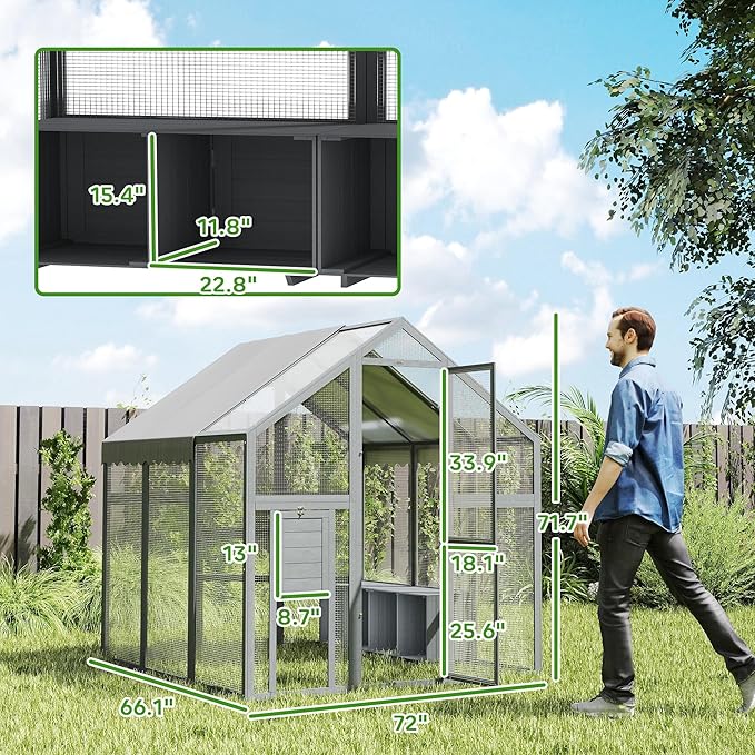 PawHut Large Chicken Run, Wooden Chicken Coop with Waterproof & Anti-UV Cover, Split Door, 2 Nesting Boxes, 2 Roosting Bars, Walk-in Poultry Pen for 6-8 Hens, for Backyard, Farm, 5.5' x 6' x 6'