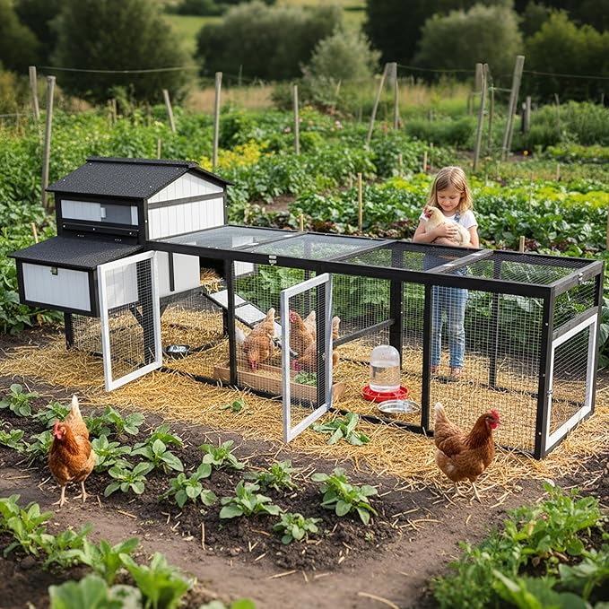 116" Large Chicken Coop with Run, Wooden Hen House Outdoor Poultry Cage 28.41 ft² for 4–6 Chickens, 4 Nesting Boxes, 4 Perches, Easy-Clean Slide Out Tray, Expandable Backyard Coop