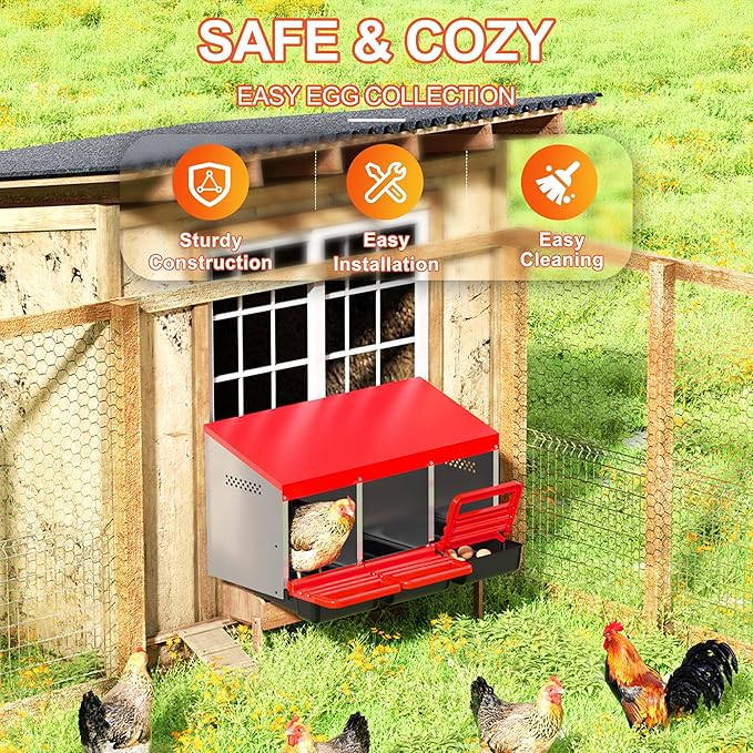 Chicken Nesting Boxes, Metal Chicken Egg Laying Box with Swing Perch and Rollout Egg Collection for Chicken Coop Red 3 Compartments