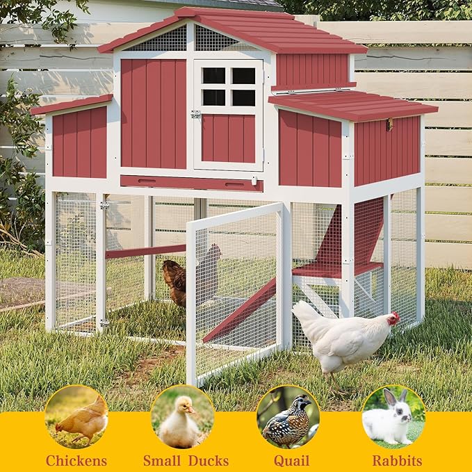 Large Chicken Coop Outdoor with Run, Expandable Hen House with 4 Nesting Boxes, Rabbit Hutch Poultry Bunny Cage for 2-4 Chickens with 4 Perches, Removable Tray and Ramp (56.3" L x 35.24" W x 52.8" H)