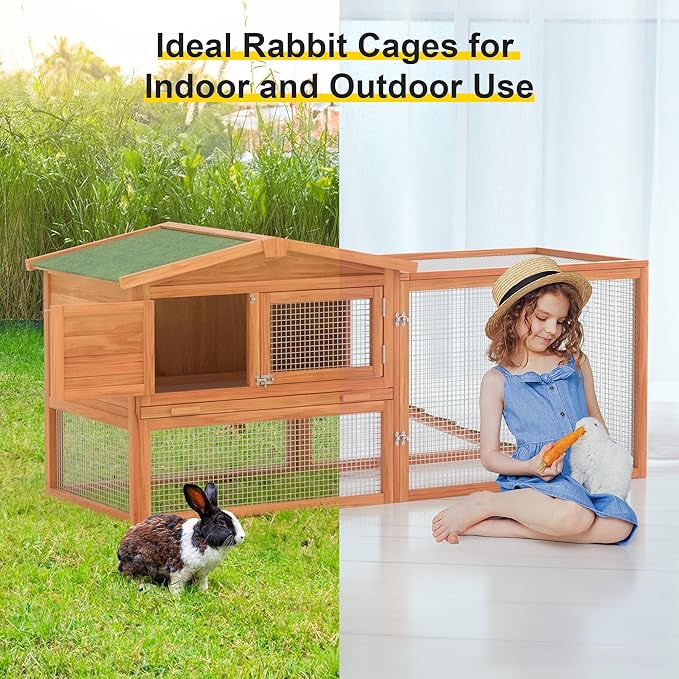 Rabbit Hutch Outdoor 2 Tier Rabbit Cage Wooden Chicken Coop with Run, Small Animal Cage with Opening Tops 60 "L x 23 "W x 23 "H