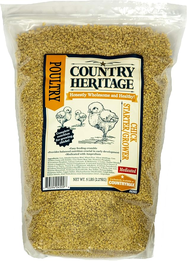 Country Heritage Medicated Chick Starter Grower Feed 5lbs - Complete Nutrition Crumble for Baby Chicks 0-16 Weeks, 18% Protein