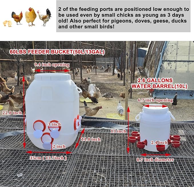 Rainproof Chicken Feeder and Chicken Waterer Set (13 Gallon/60 Pounds) Automatic Chicken Feeder Poultry Feeder Bucket with 10 Ports Chicken Waterer (2.6 Gallon/10L) with 8 Water Cups