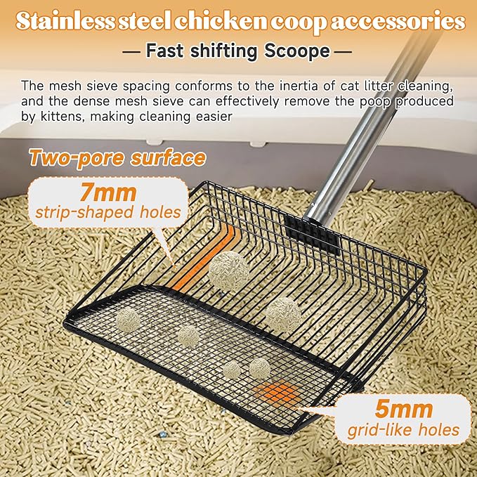 4-in-1 10" Large Chicken Poop Scooper with Gloves,Sifting Shovel Rake,Henhouse Cleaning Tool,Adjustable Long Handle (22.4-62") Litter Scoop,Stainless Steel Poop Shovel for Farm,Goat Stall Accessories