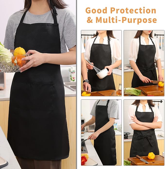 Tosewever 2 Pack Adjustable Bib Apron, Waterdrop Resistant Aprons with 2 Pockets Cooking Kitchen Restaurant Aprons for Women Men Chef, BBQ Drawing Crafting Outdoors (Polyester-Black, 2)