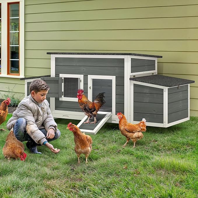 YITAHOME Chicken Coop 11.5ft² Large Wooden Chicken House Chicken Pen Outdoor with 2 Nesting Boxes Poultry Cage Rabbit Hutch Duck Cage with Weatherproof Roof (Grey)