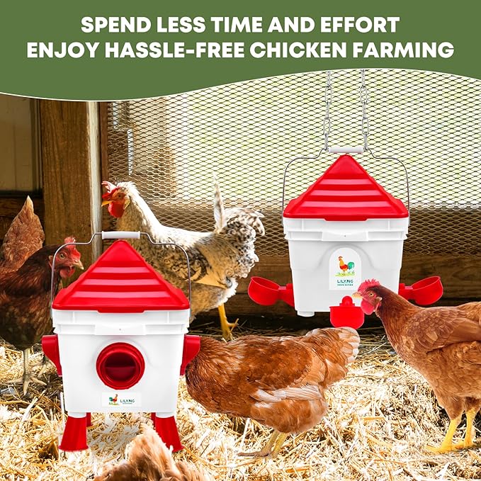 Lilyang Standing Chicken Feeders and Chicken Waterers, 2.5 Gallon Chicken Water Feeder with 4 Cups, 13.5 lb Automatic Chicken Feeder No Waste, for 8-10 Adult Chickens or 10-15 Quails (Standing)