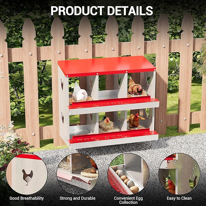 6 Hole Chicken Nesting Box, Galvanized Steel Nesting Boxes with Vented Design, Laying Nesting Boxes for Hens, Wall Mount, Red