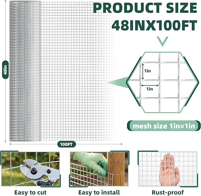16 Gauge Galvanized Hardware Cloth 48in x 100ft Silver 1 inch Welded Garden Fence Roll for Gardens, Chicken Coops & Poultry Animal Netting Cage