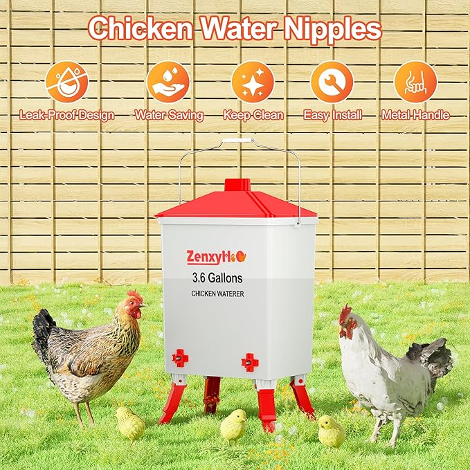 3.6 Gallons Chicken Waterer Bucket with Adjustable Legs 4 Horizontal Water Nipples and Anti Roost Cone