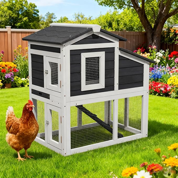 Small Chicken Coop for 2 Chickens, Wooden Chicken Coops with Nesting Boxes Indoor Outdoor, Predator-Proof Bunny House Rabbit Hutch Poultry Pet Tractor Cage with Waterproof Roof, Stairs&Removable Tray
