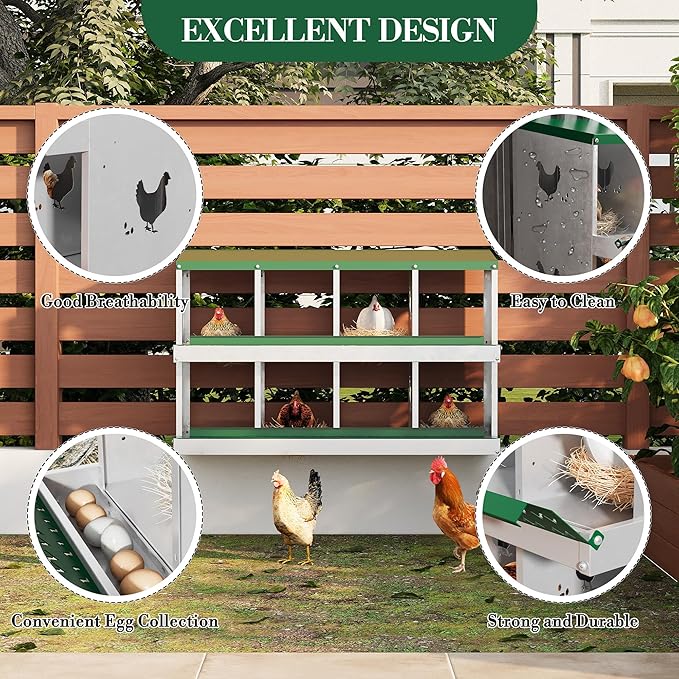Chicken Nesting Box,8 Compartments Galvanized Steel Metal Chicken Laying Box with Roll Out Egg Collection,Wall Mount Chicken Nesting Boxes,Easy Egg Collection, Hen Roosting Boxes