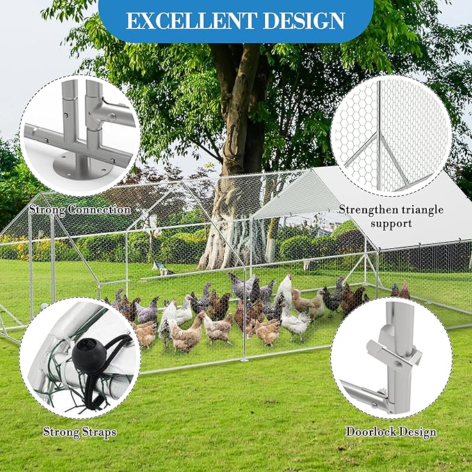 Large Metal Chicken Coop, 19.7'L x 9.8'W x 6.6'H Walk-in Poultry Cage, Chicken Run Pen House with Waterproof & Anti-Ultraviolet Cover Chicken Coop Run for Outdoor Backyard Farm