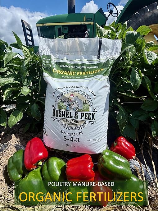 Bushel & Peck Organic Compost Fertilizer 5-4-3 - Pelleted Poultry Manure | OMRI Listed | Natural Soil Amendment for Gardens, Flowers, Vegetables & Lawns (25 Pounds (1 Bag))