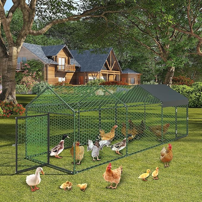 Metal Chicken Coop Outdoor Run, Predator-Proof Poultry Cage with Waterproof & Anti-UV Cover, Secure Hen House with Safety Lock for Backyard, Rabbits, Ducks & Geese, Black 120" X40" X40"