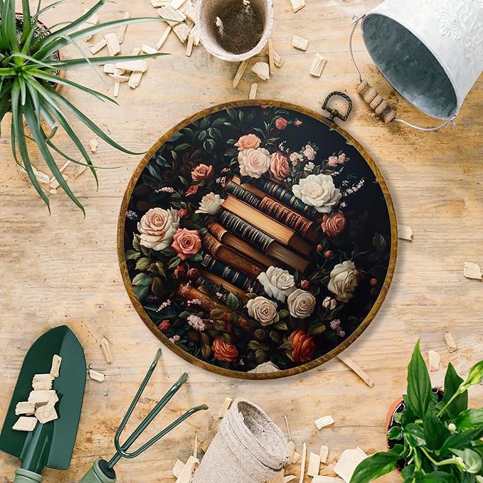 Hiuwevt Vintage Floral Book Round Wall Art Decor, Retro Dark Framed Canvas Prints, Academia Bookish Aesthetic Round Wall Hanging Decor for Bedroom Home Decorations, 10x10 Inches
