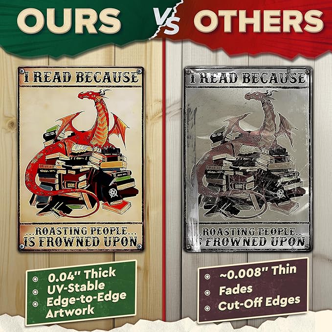 I Read Because Metal Sign – Dragon Wall Art, Durable Non-Fade Tin Sign, Funny Vintage Dragon Wall Decor, Easy to Install 8x12" Bedroom, Cafe, Library Decor, Great Valentines Day Gifts for Book Lovers