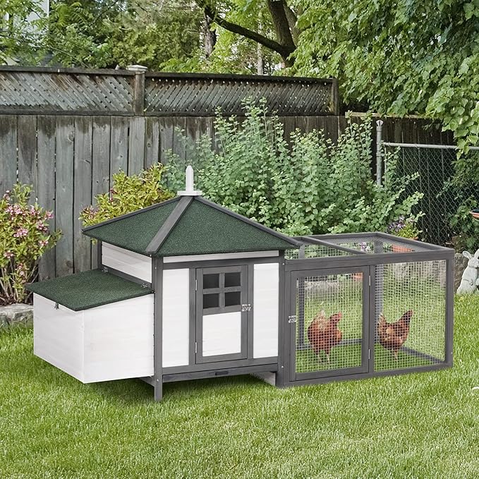 PawHut 77" Wooden Chicken Coop with Nesting Box, Cute Outdoor Hen House with Removable Tray, Ramp Run, for Garden Backyard, Gray