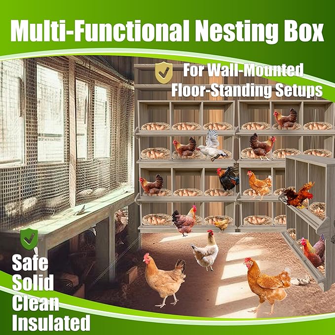 Nesting Box, 6 Compartments Wood Nest Box for Chicken with Swing Perch, Chicken Egg Laying Boxes for Hens, Ducks, Chickens
