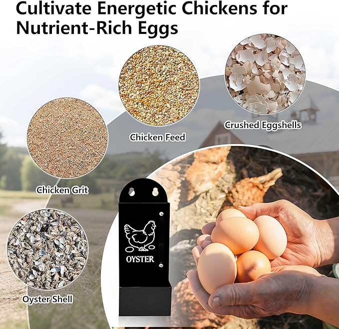 Chicken Grit and Oyster Shell Feeder, Poultry Feeder with Visual Window, No-Mess Weatherproof, Metal Hanging Gravity Chicken Feeder, Chicken Coop Accessories (Grit-Black)