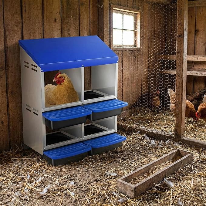 Metal Chicken Nesting Box with Easy-Collect Tray & Lid – 3/4/2x2 Compartment Heavy Duty Roll Away Nesting Boxes for Chickens, Wall Mount or Freestanding, Galvanized Steel Hen Laying Box for Coop