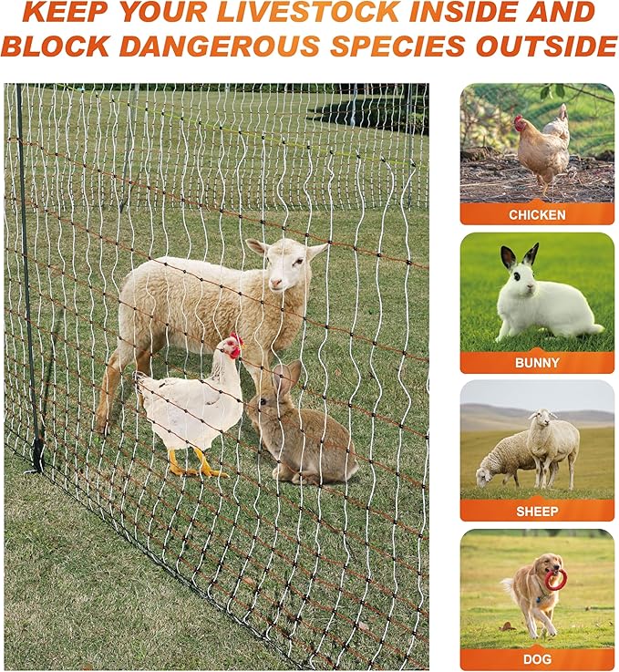 Poultry Electric Netting Fence - 47.3''H (can be Manually Raised to 59.1''H) x 65.6'L for Flying Chicken, Sheep, Goats in Farms, Ranches and Gardens, PK1