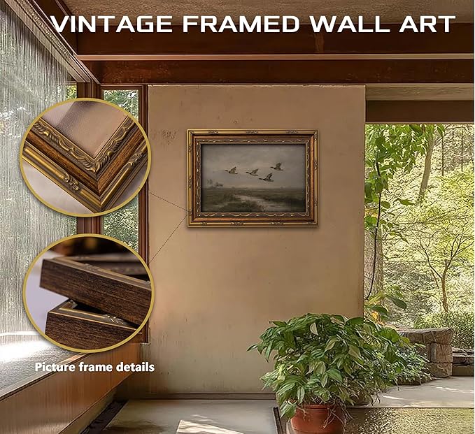 Vintage Gold Framed Flying Duck Wall Art Mallard Duck Canvas Wall Decor Rustic Mallard Poster Artwork Retro Rustic Farmhouse Animal Picture for Home Living Bedroom Farmhouse Hallway 16x24in