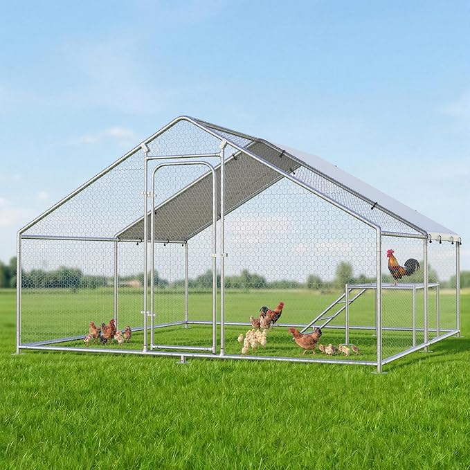 Large Metal Chicken Coop with Roosting Ladder, Waterproof and UV-Resistant Cover, Outdoor Walk-in Cage Hen House for Farm Yard Rabbit Duck Chicken Run, Spire Roof (13.1'W x 9.8'L x 6.4'H)