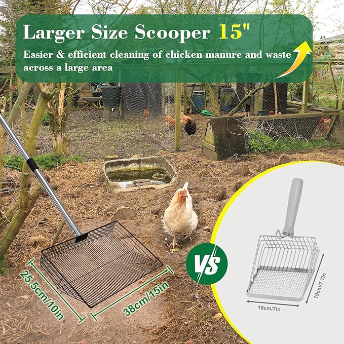 15-inch Chicken Poop Scooper with Ergonomic Grip, Adjustable 24"-63" Handle, 4-in-1 Multifunctional Litter Scoop for Chicken Coop, Goat Stall, Stable, and Pet Waste Cleanup