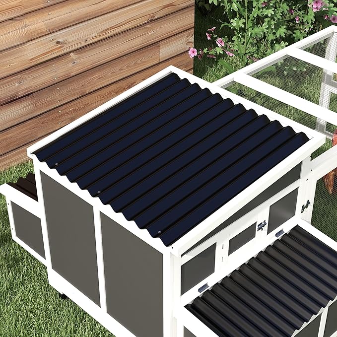 PawHut Wooden Chicken Coop, Chicken Tractor with Large Run for 6 Chickens, Outdoor Poultry Cage Rabbit Hutch Duck Coop Hen House with Nesting Box, Tray, Windows, Dark Gray